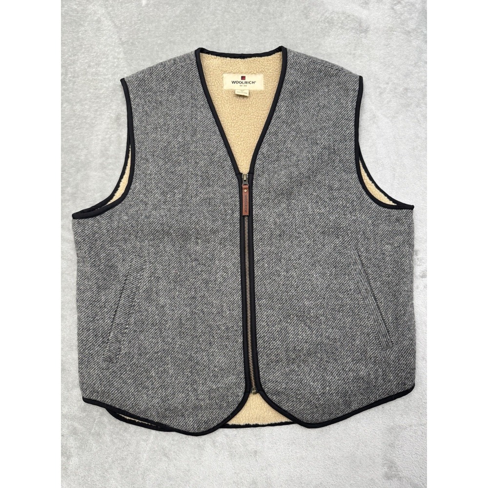 Vintage Woolrich Vest Mens Medium Gray Tweed Wool Sherpa Lined Full Zip 90s Y2K